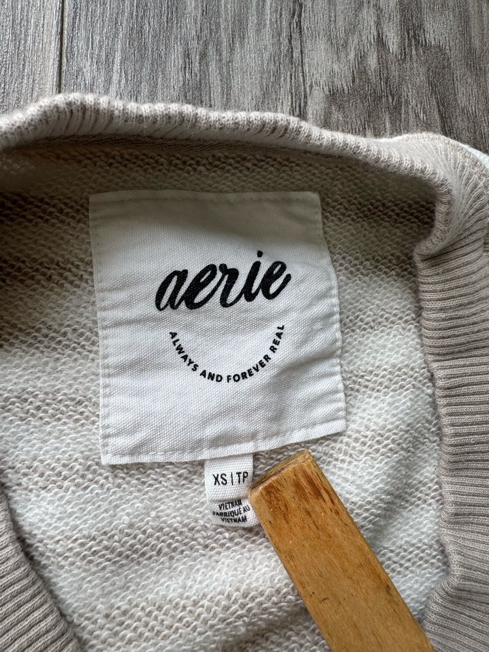 aerie Taupe and White Striped Cropped Classic Crew Sweatshirt - Picture 5 of 9